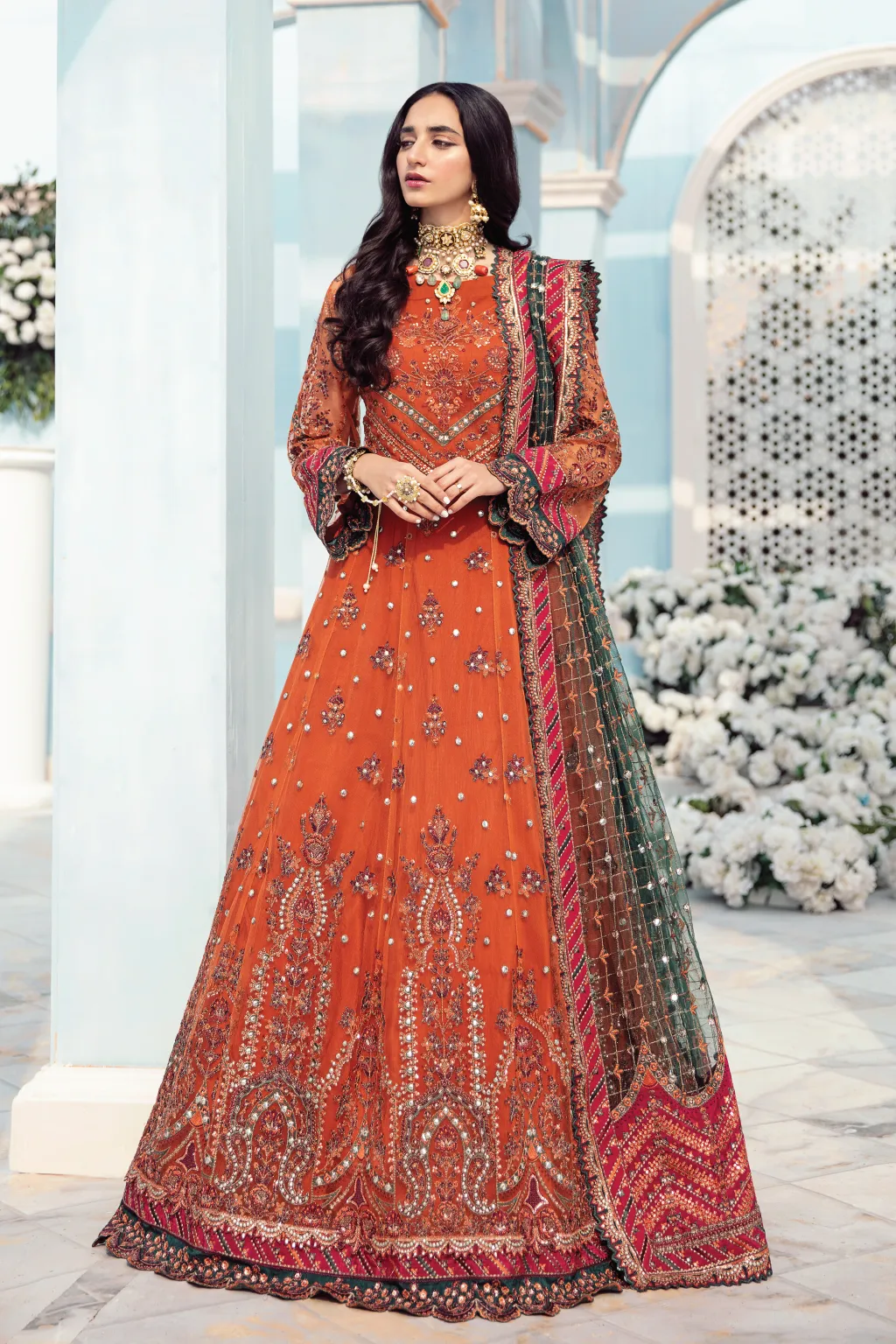 Party Wear Pakistani Long Dress in Rust Shade #PF475