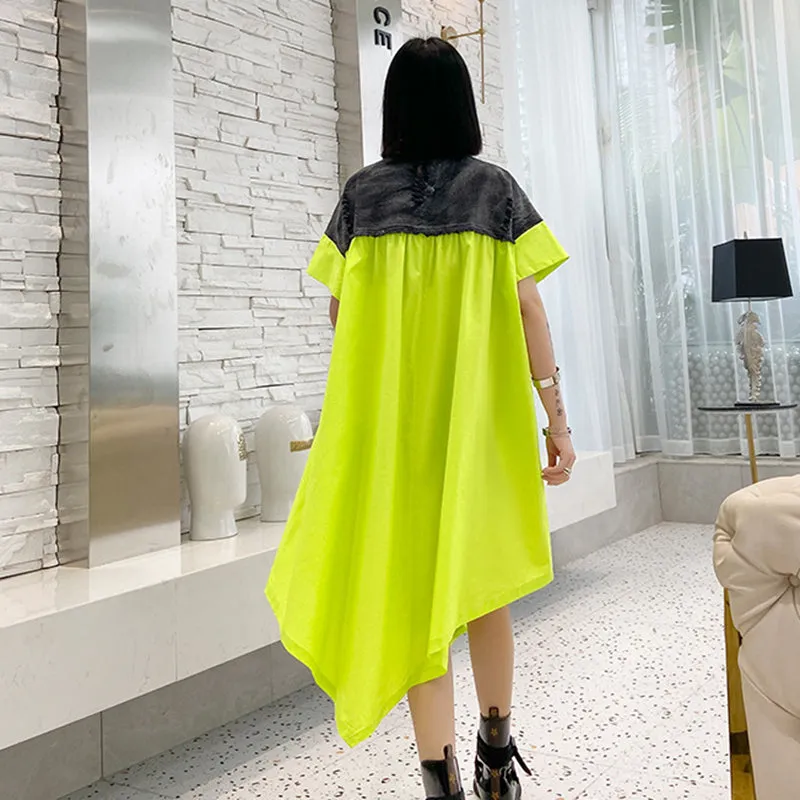 Patchwork Denim Color Block Dress Women Short Sleeve Oversize Loose Asymmetric Midi Dress