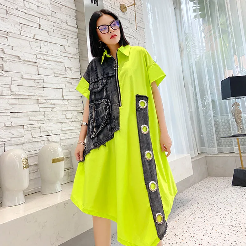 Patchwork Denim Color Block Dress Women Short Sleeve Oversize Loose Asymmetric Midi Dress