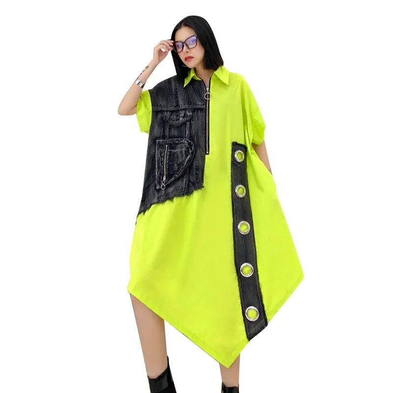 Patchwork Denim Color Block Dress Women Short Sleeve Oversize Loose Asymmetric Midi Dress