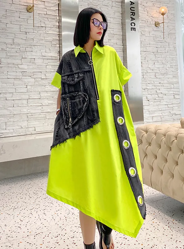 Patchwork Denim Color Block Dress Women Short Sleeve Oversize Loose Asymmetric Midi Dress