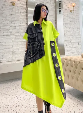 Patchwork Denim Color Block Dress Women Short Sleeve Oversize Loose Asymmetric Midi Dress