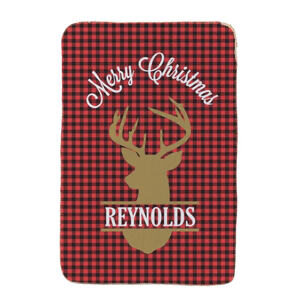 Personalized Plaid Deer Sherpa Lined Throw
