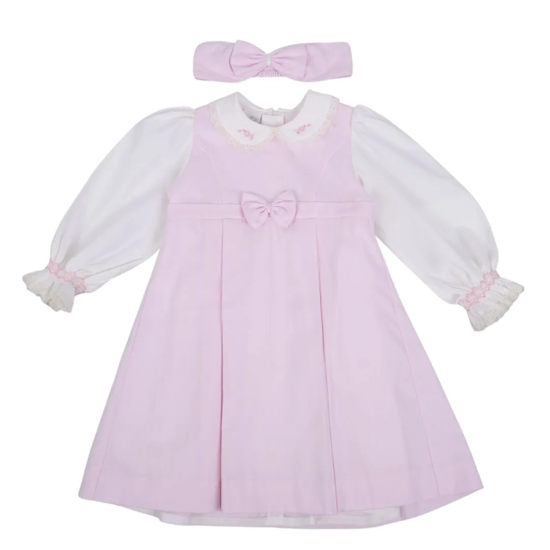 Pink & Cream Embroidered Bow Dress & Headband