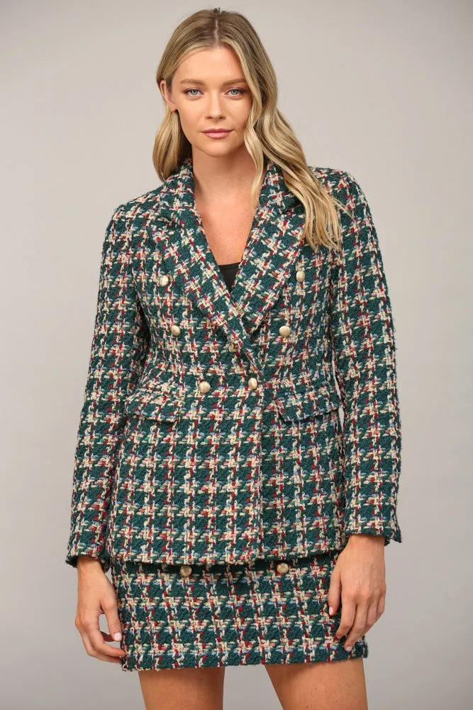 plaid tweed double breasted blazer