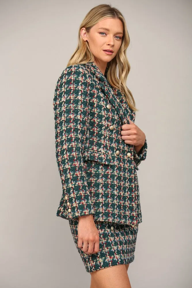 plaid tweed double breasted blazer