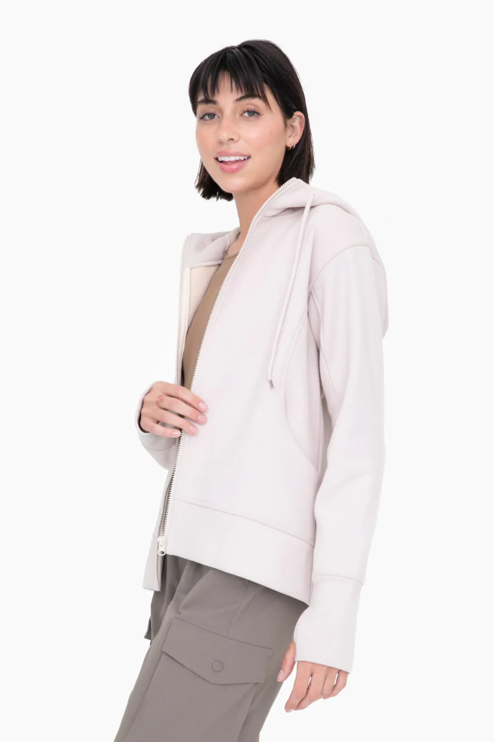 Plush Lined Zip Up Hoodie in Natural