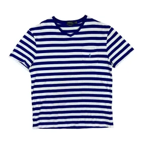 POLO RALPH LAUREN Embroidered Mini Pocket Logo Blue White Striped V-Neck T-Shirt