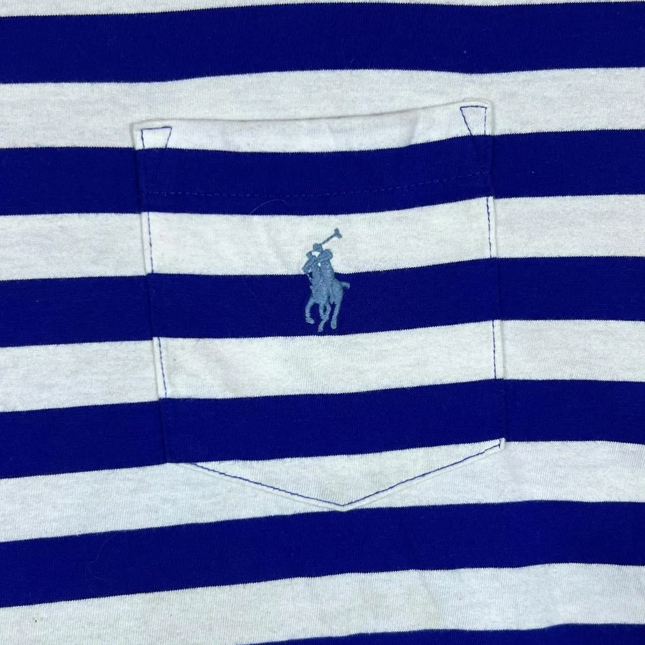 POLO RALPH LAUREN Embroidered Mini Pocket Logo Blue White Striped V-Neck T-Shirt