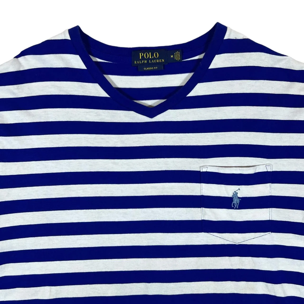 POLO RALPH LAUREN Embroidered Mini Pocket Logo Blue White Striped V-Neck T-Shirt