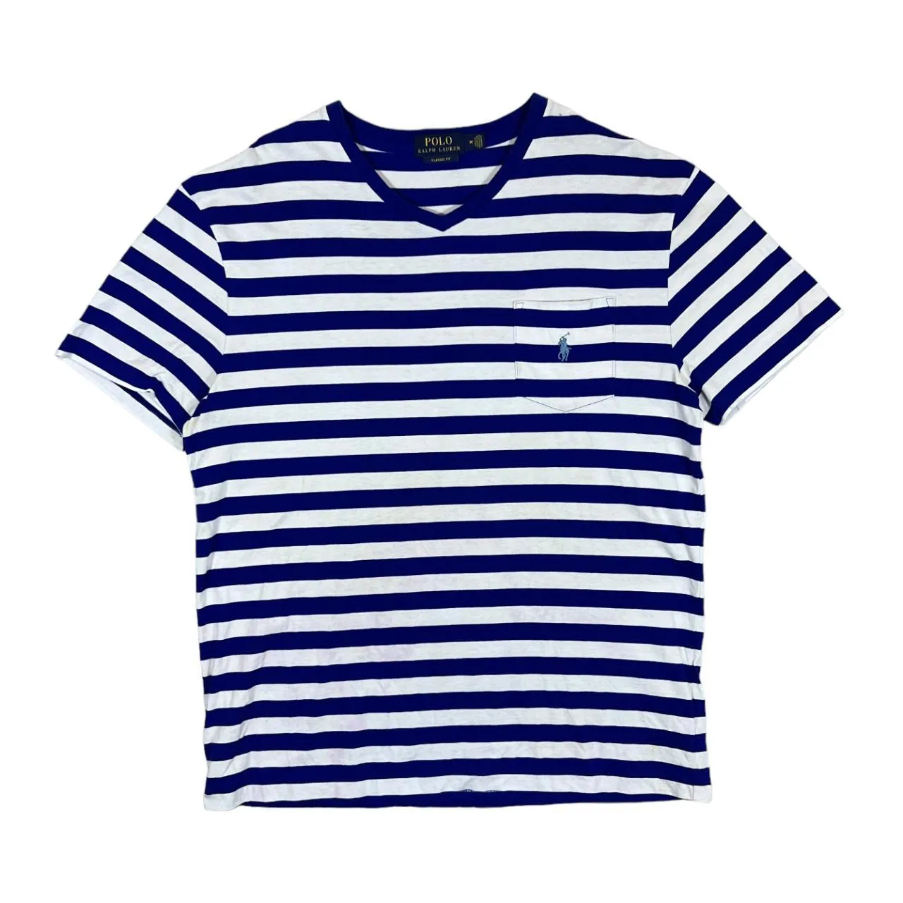 POLO RALPH LAUREN Embroidered Mini Pocket Logo Blue White Striped V-Neck T-Shirt