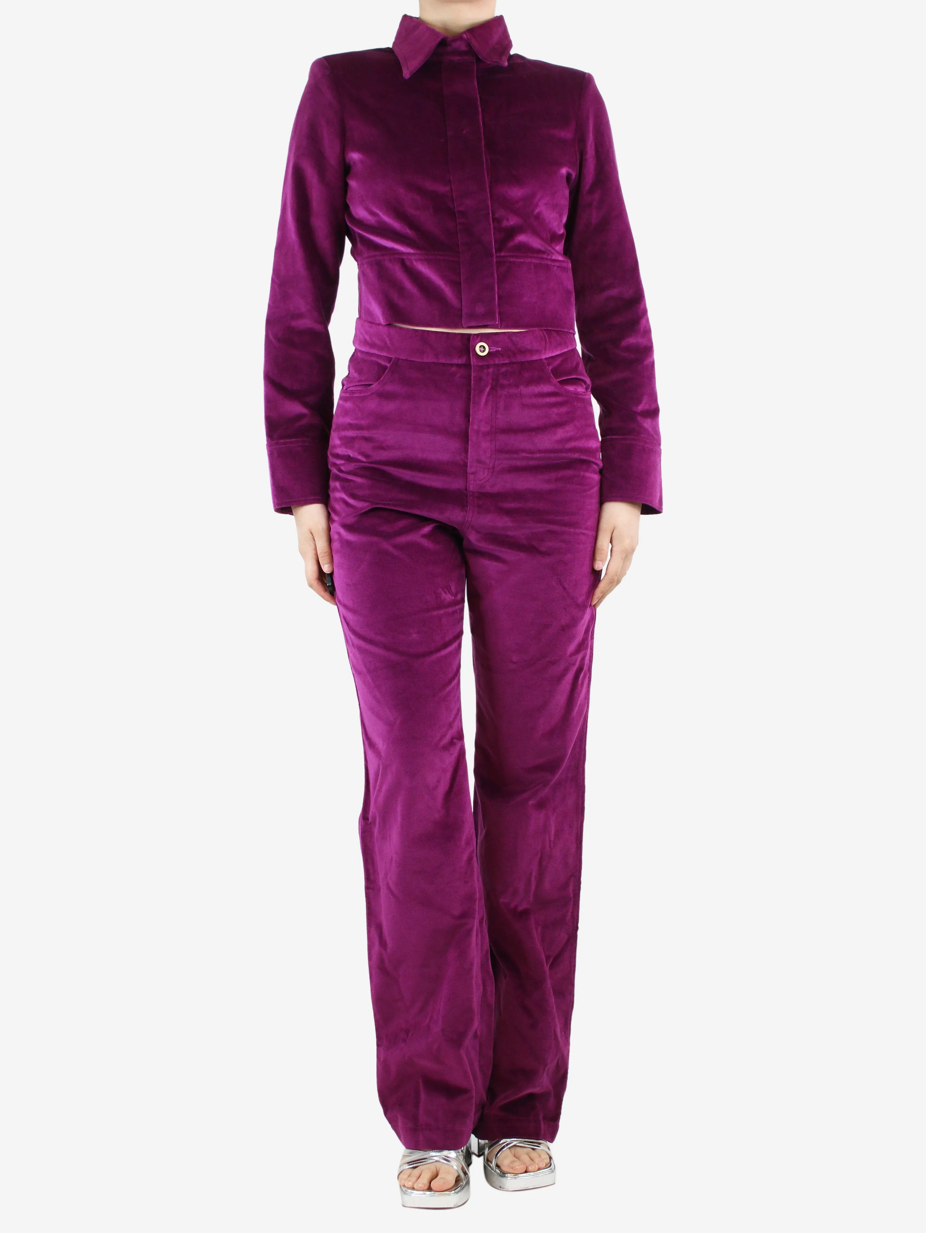 Purple velour cropped jacket and rousers - size M