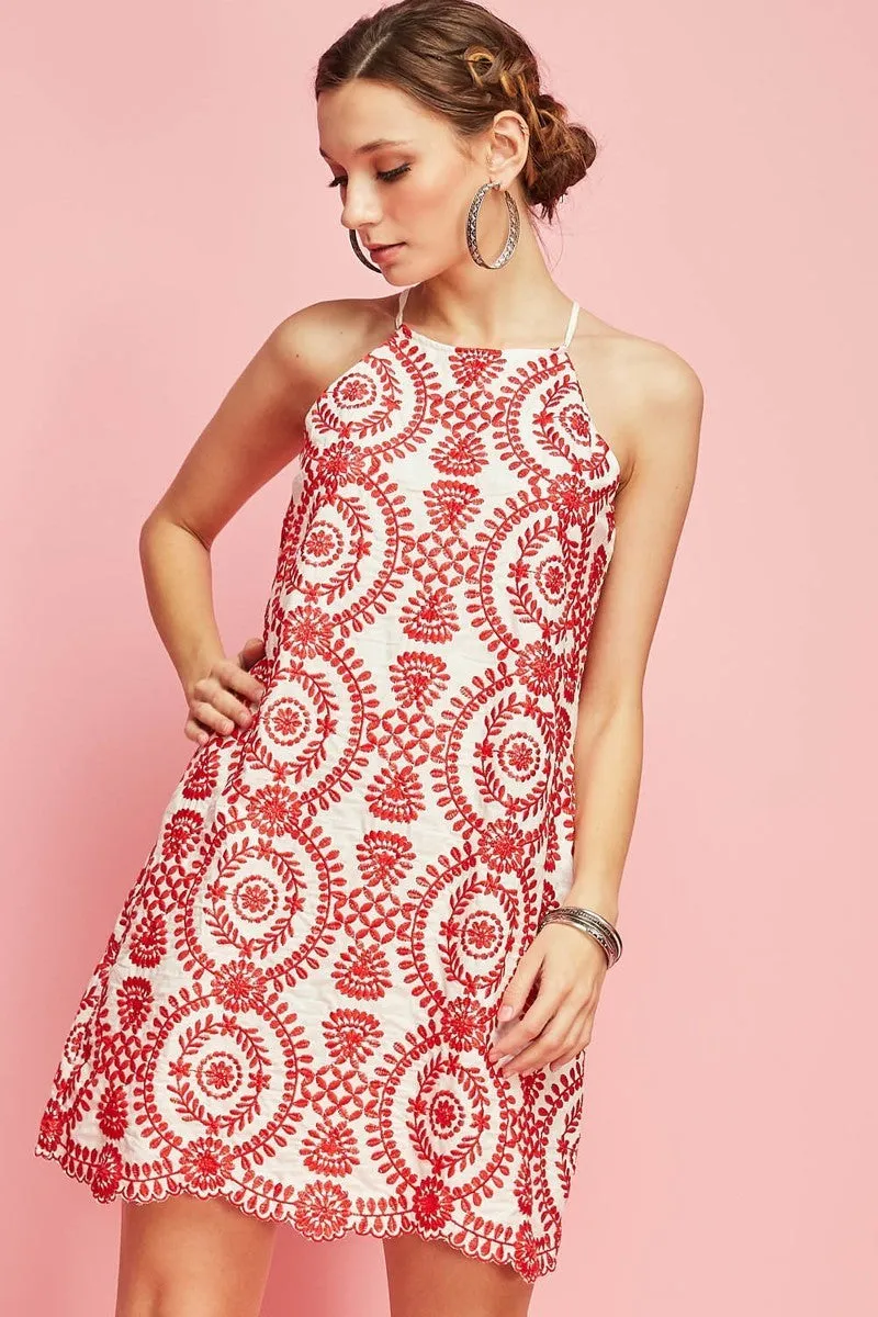 Red Embroidered Halter Dress