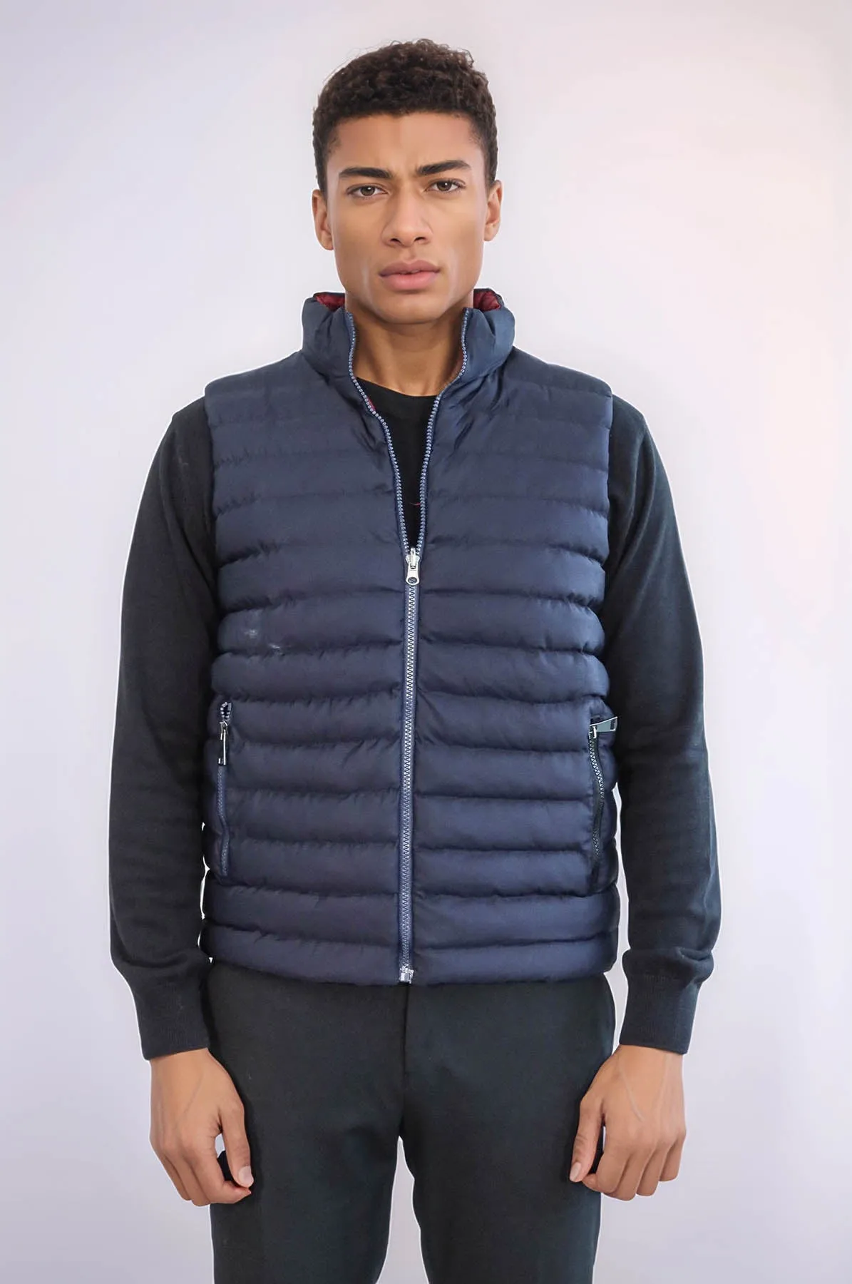 Reversible Quilted Standing Collar Navy Blue Men Down Vest - Wessi