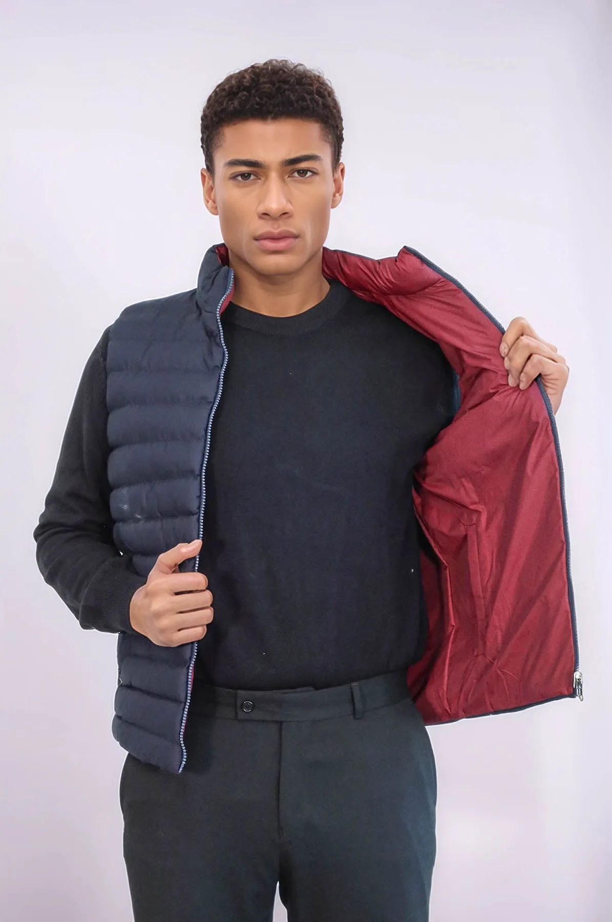 Reversible Quilted Standing Collar Navy Blue Men Down Vest - Wessi
