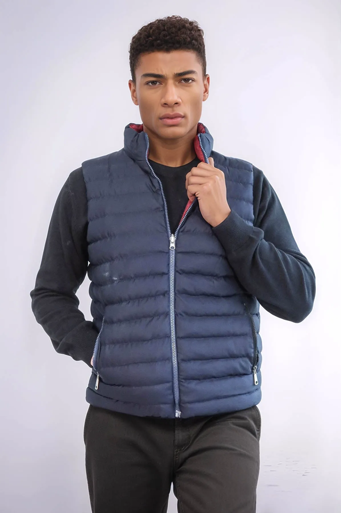 Reversible Quilted Standing Collar Navy Blue Men Down Vest - Wessi