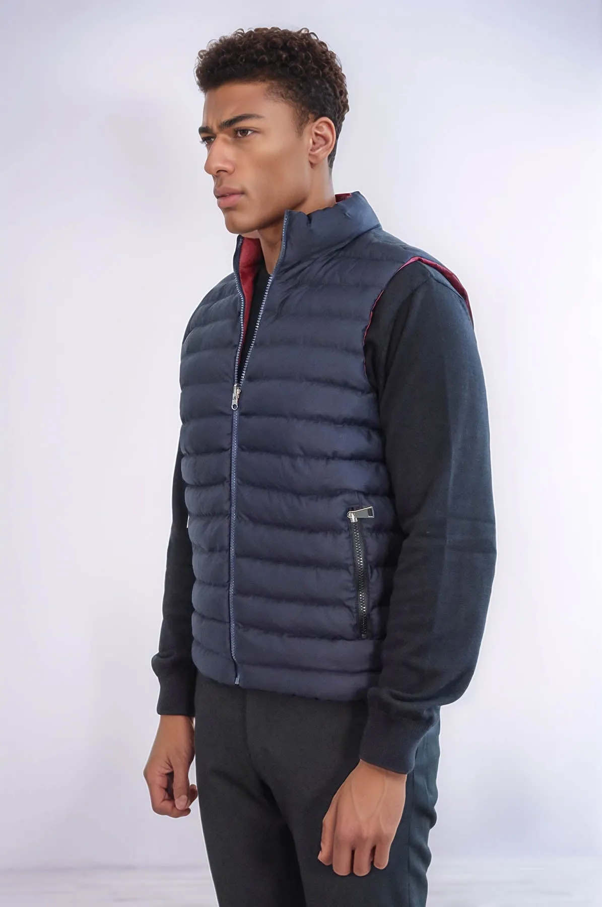 Reversible Quilted Standing Collar Navy Blue Men Down Vest - Wessi