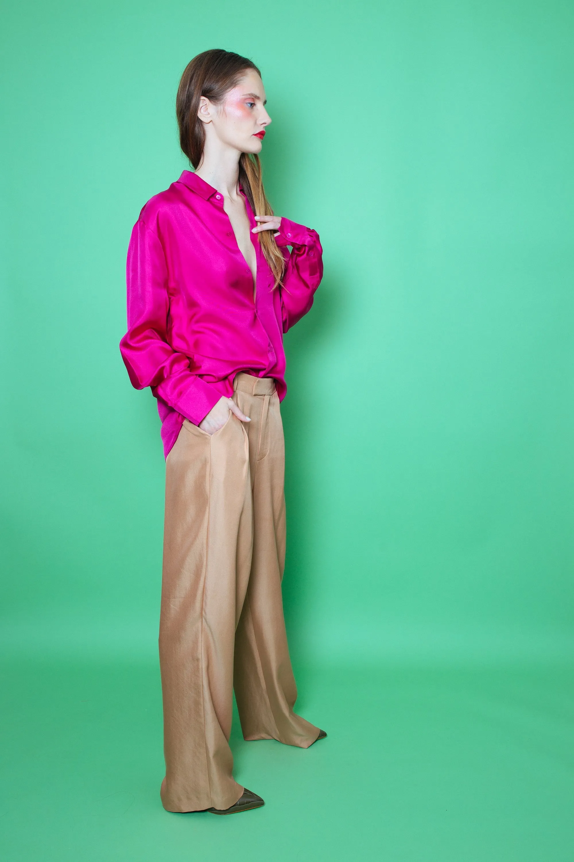 Ruben Long Sleeve Silk Shirt Fuscia Woman