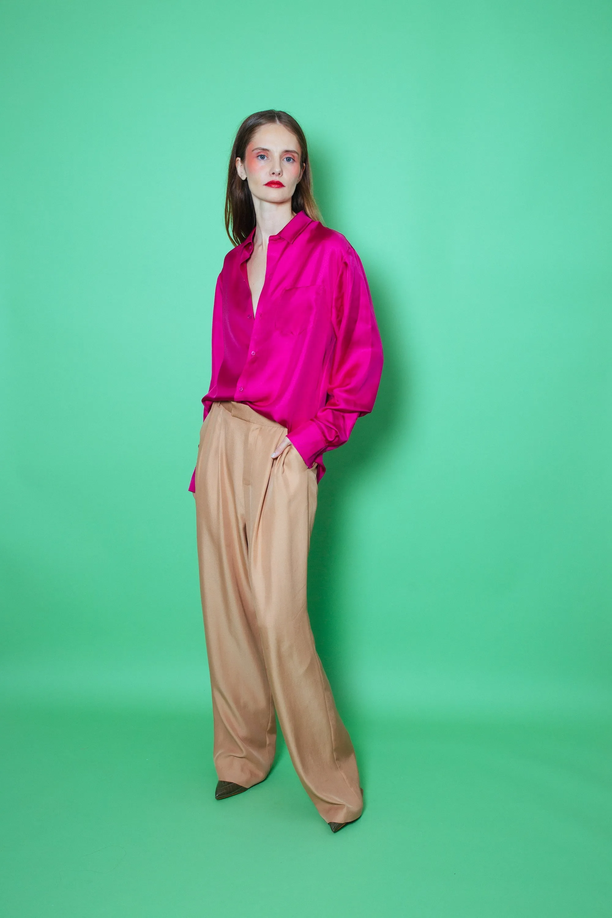 Ruben Long Sleeve Silk Shirt Fuscia Woman