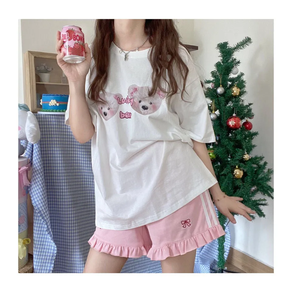 Ruffled Pink Bow High Waist Shorts
