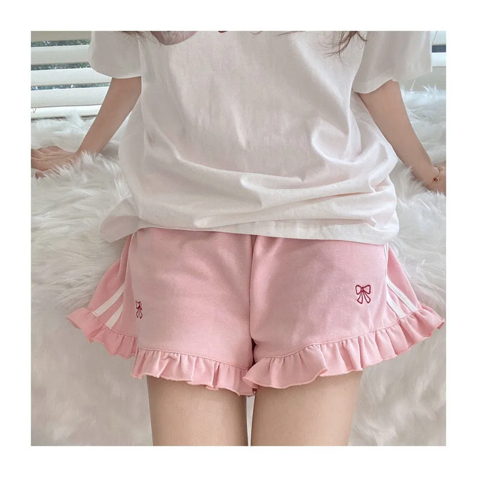 Ruffled Pink Bow High Waist Shorts