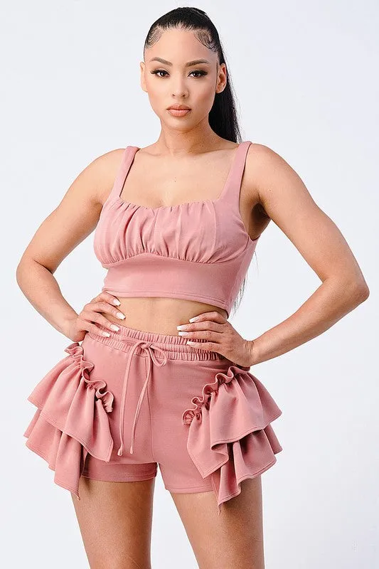 RUFFLES N FRILLS CROPPED TANK AND SHORTS SET
