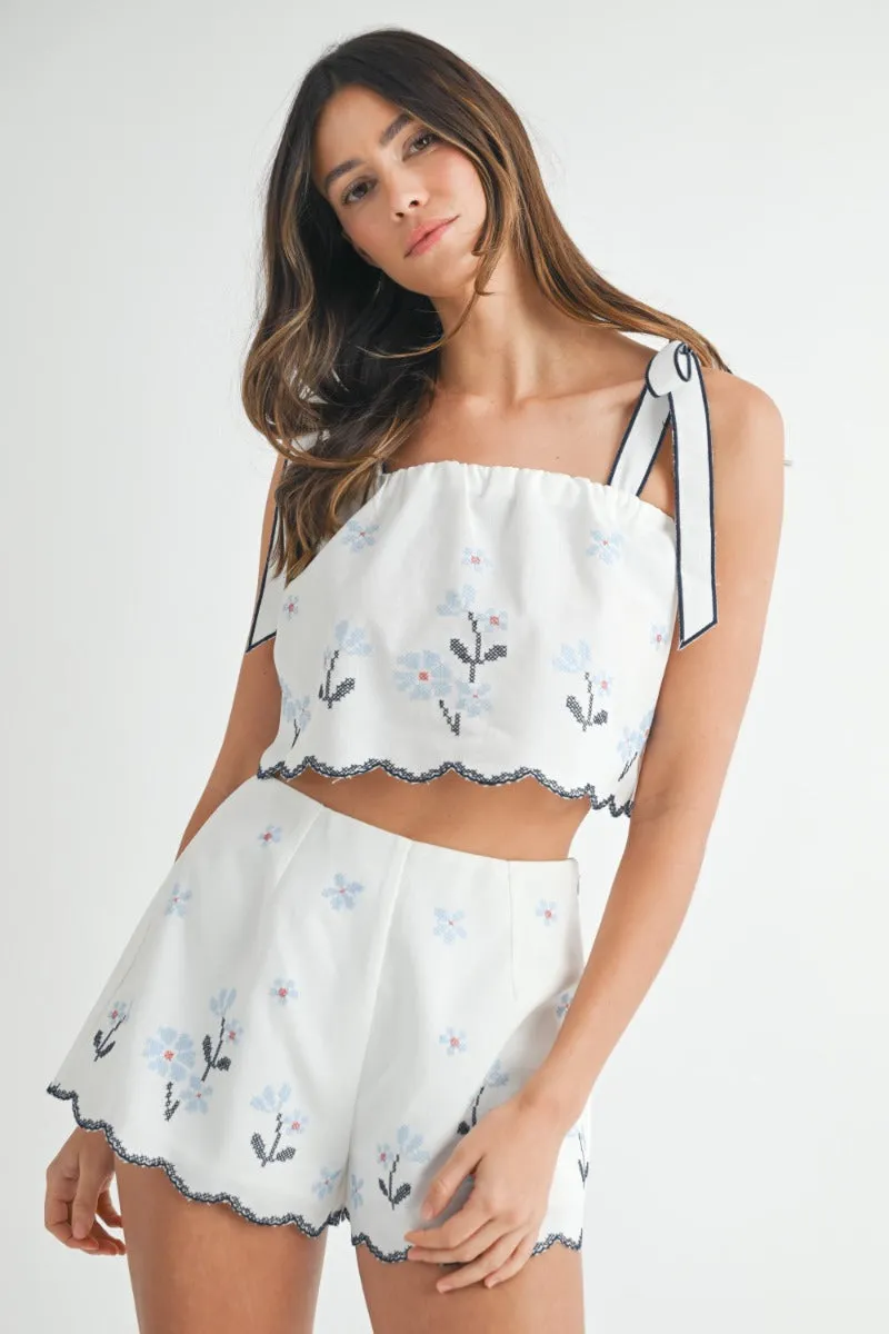 Sadie Shorts | Blue Floral Cream Embroidered Shorts