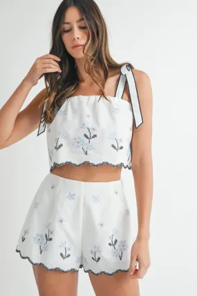 Sadie Shorts | Blue Floral Cream Embroidered Shorts