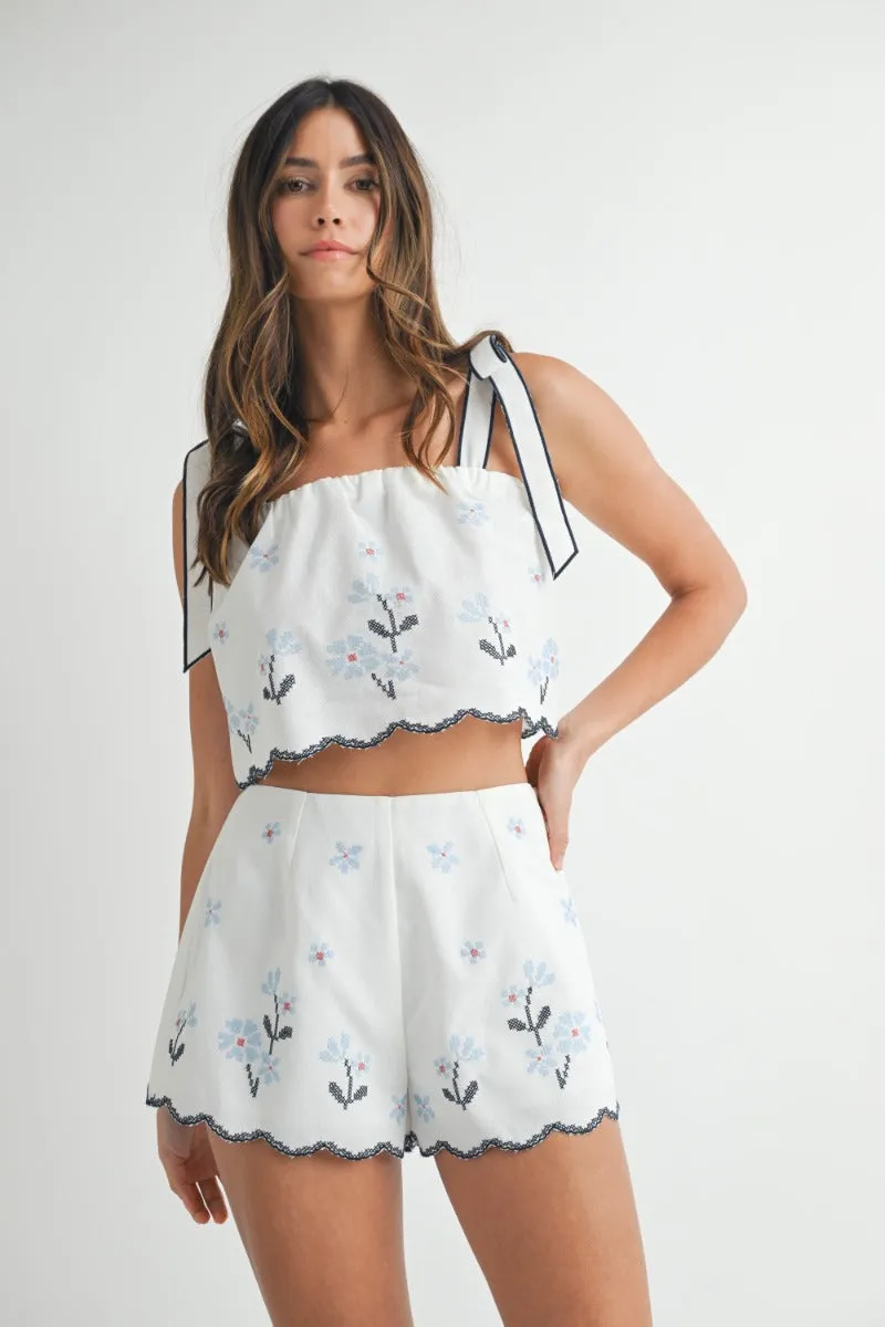 Sadie Shorts | Blue Floral Cream Embroidered Shorts