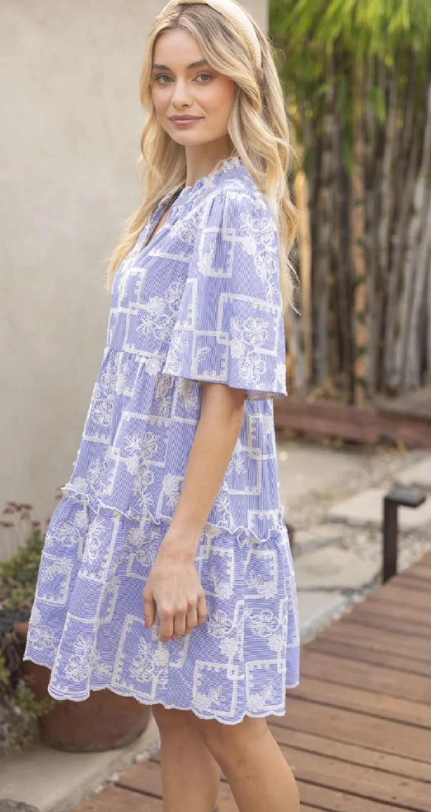 Serena Blue Embroidered Tiered VOY Dress