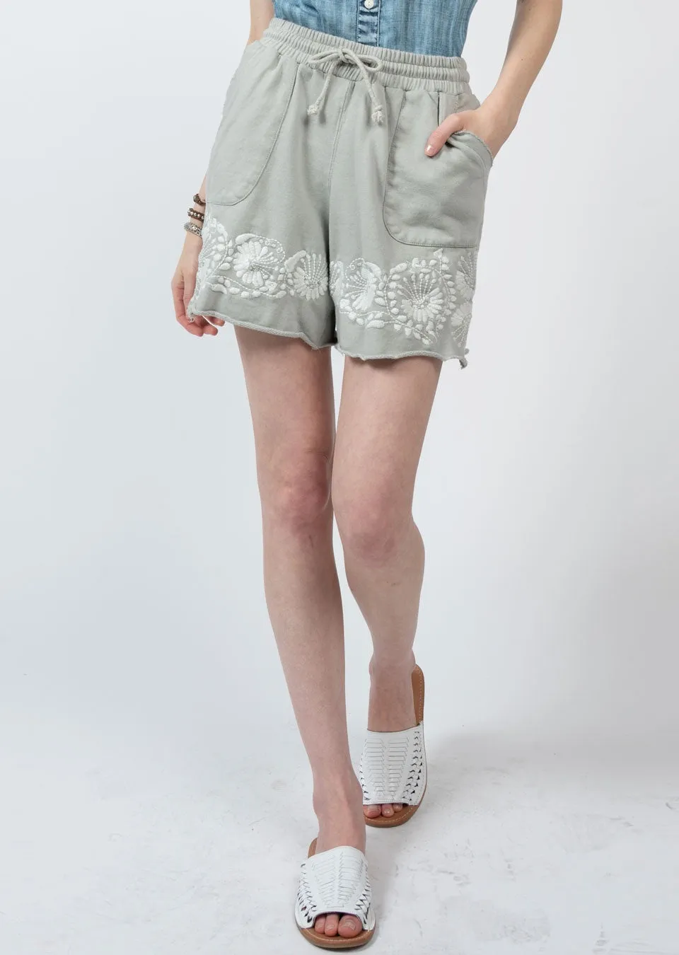 Sister Mary Raul Knit Embroidered Border Shorts w Elastic Tie Waist w Pockets