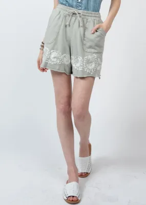 Sister Mary Raul Knit Embroidered Border Shorts w Elastic Tie Waist w Pockets