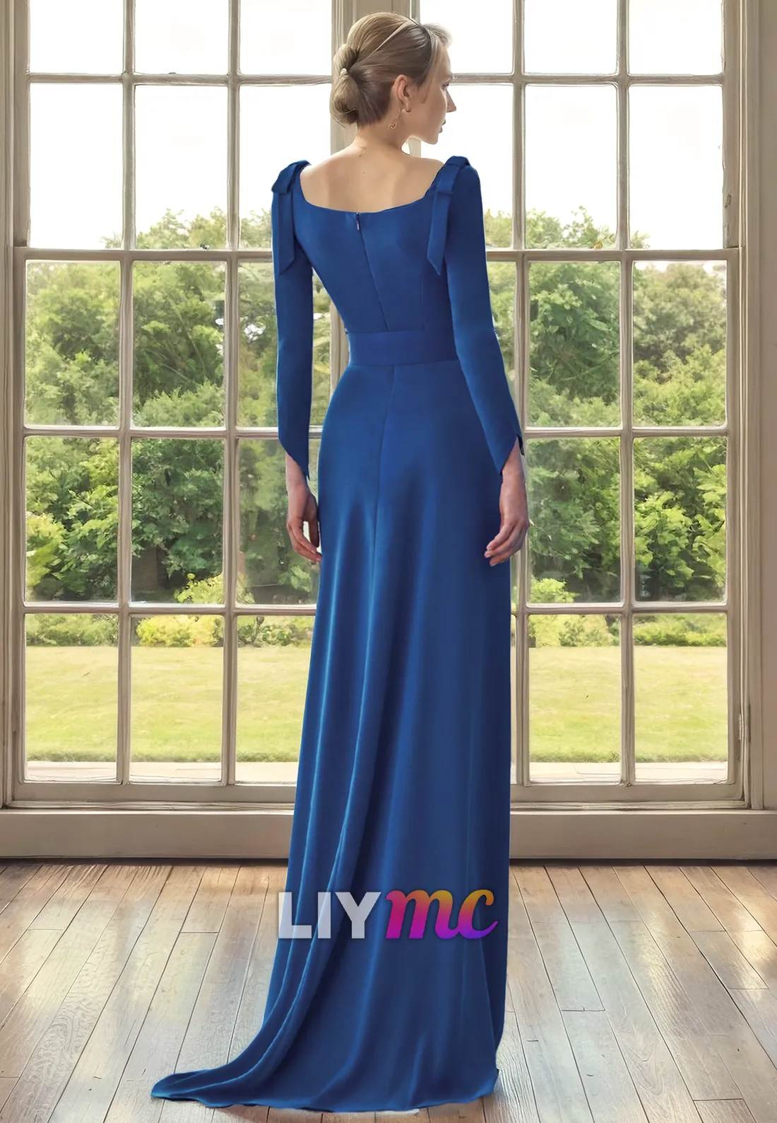 Square Long Sleeves Ruched Long Mother of Bride Dress Cocktail Dress