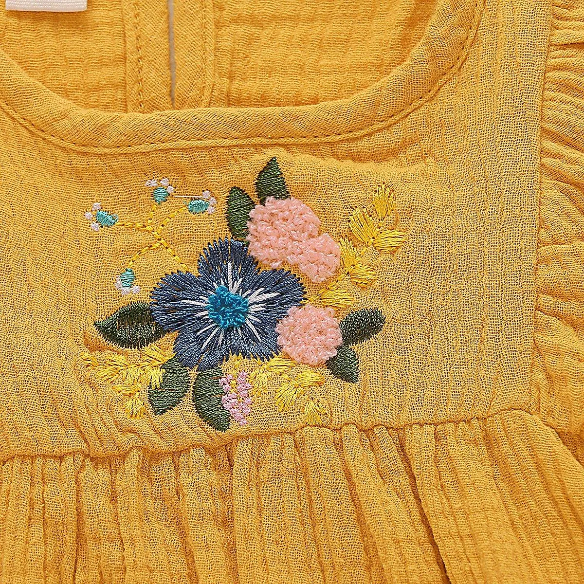 Toddler Girls Embroidered Solid Color Cotton Linen Lovely Dress