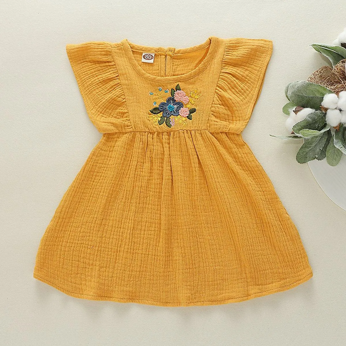Toddler Girls Embroidered Solid Color Cotton Linen Lovely Dress