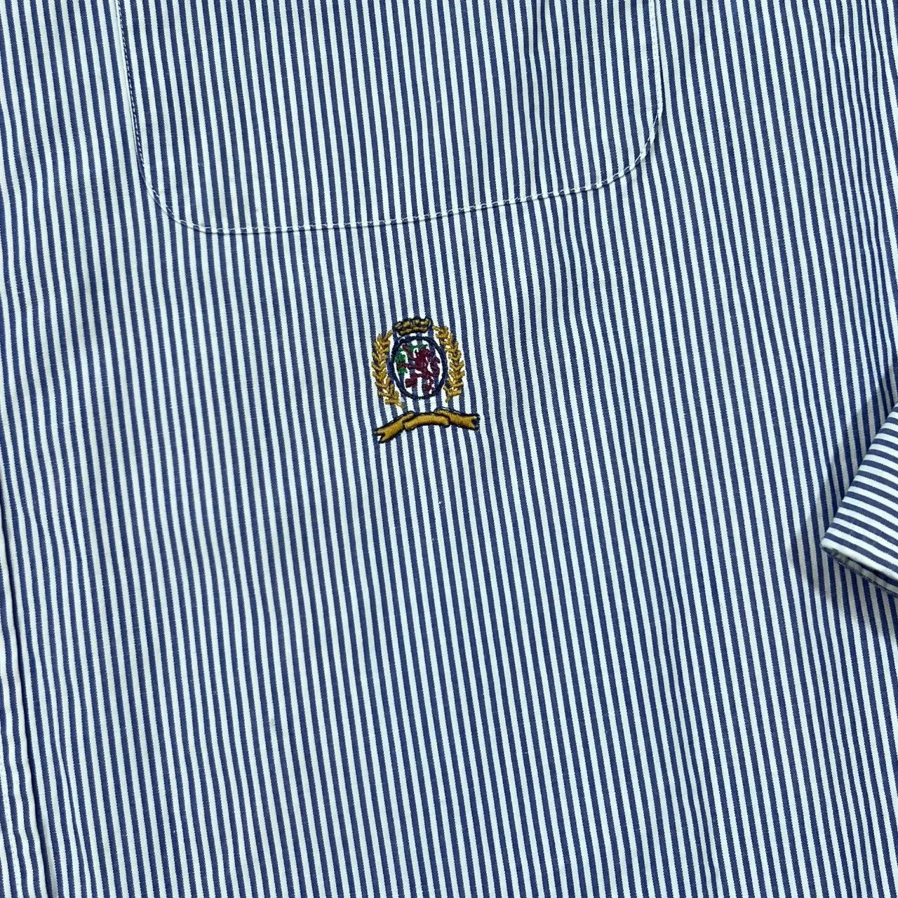 TOMMY HILFIGER Blue White Striped Embroidered Crest Logo Long Sleeve Button-Up Cotton Shirt