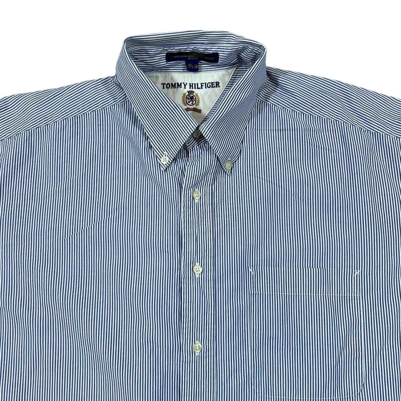TOMMY HILFIGER Blue White Striped Embroidered Crest Logo Long Sleeve Button-Up Cotton Shirt