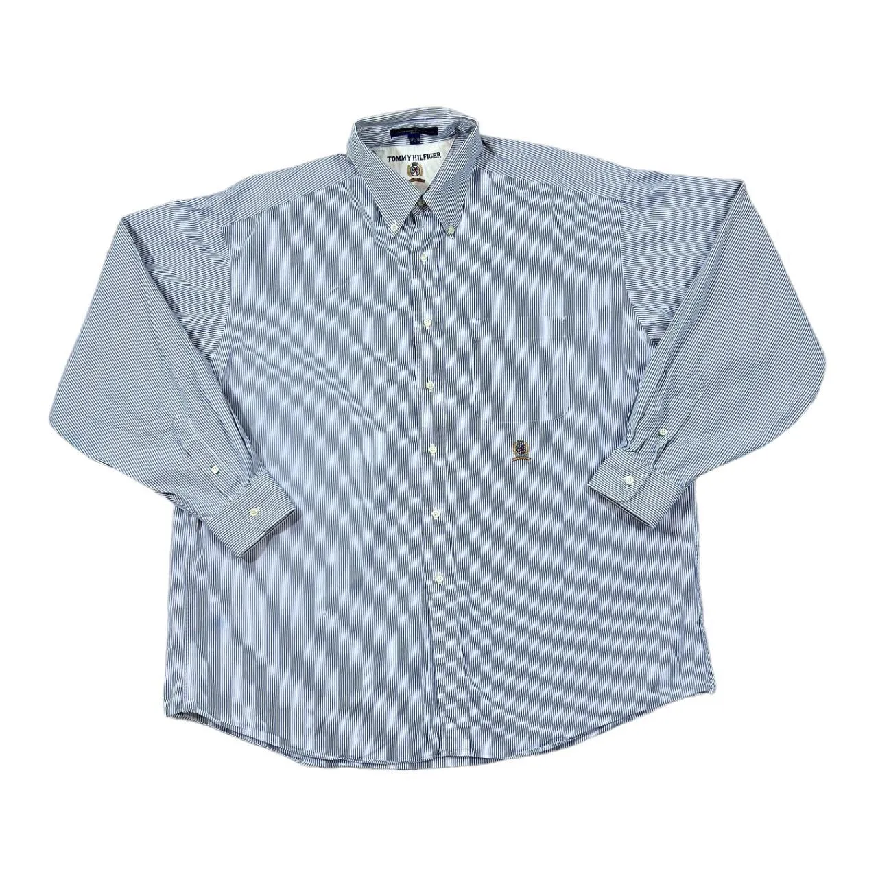TOMMY HILFIGER Blue White Striped Embroidered Crest Logo Long Sleeve Button-Up Cotton Shirt
