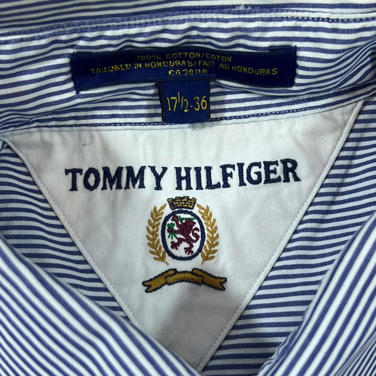 TOMMY HILFIGER Blue White Striped Embroidered Crest Logo Long Sleeve Button-Up Cotton Shirt