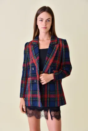 tweed double breasted tartan blazer