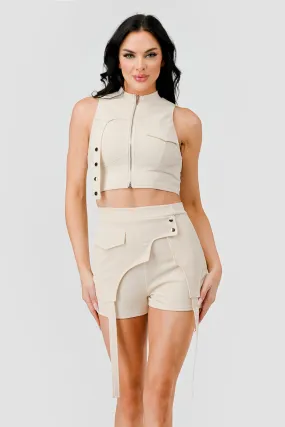TWILL ZIPUP HALTER CROPPED TOP CARGO SHORTS SET