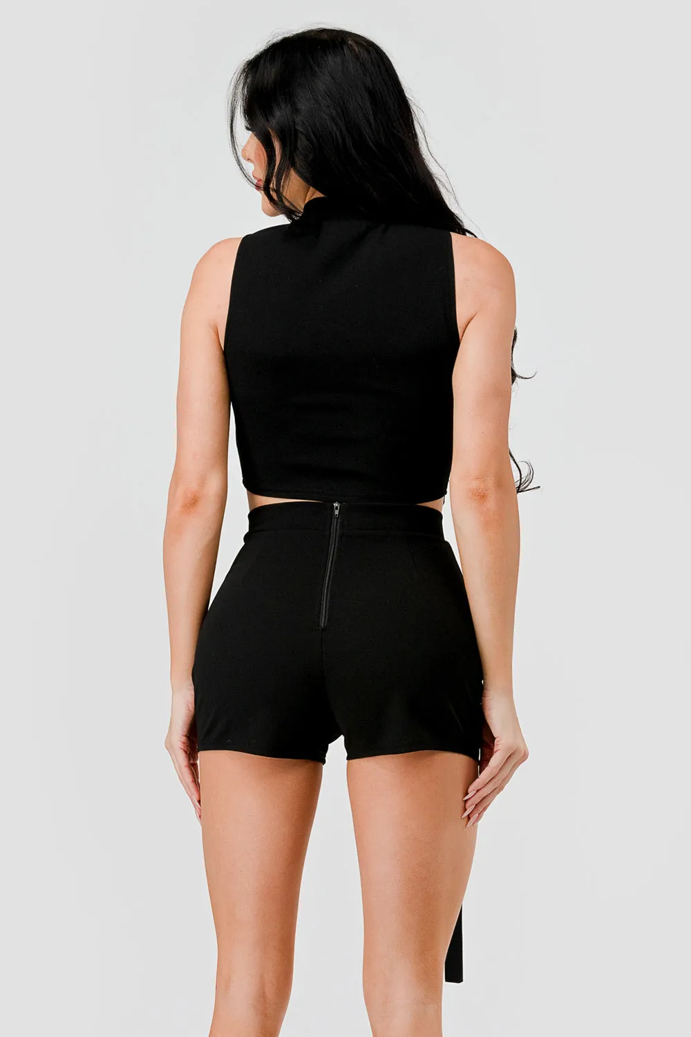 TWILL ZIPUP HALTER CROPPED TOP CARGO SHORTS SET