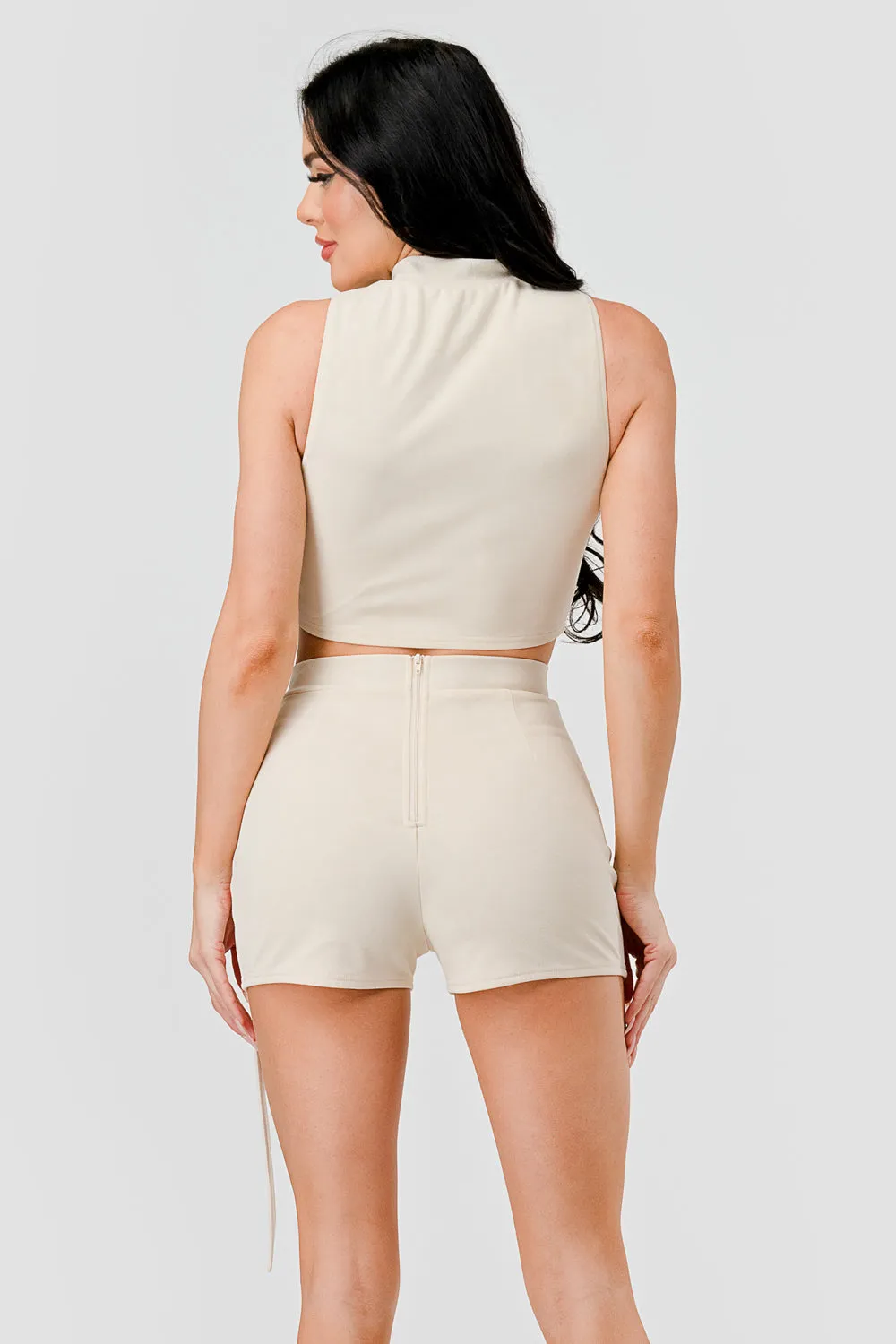 TWILL ZIPUP HALTER CROPPED TOP CARGO SHORTS SET