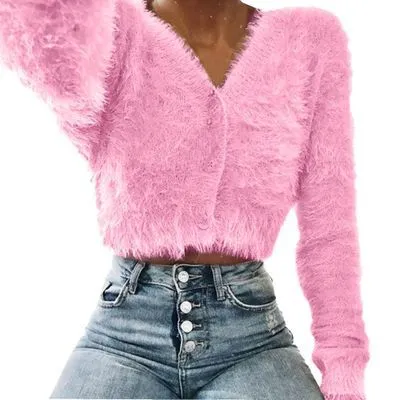 V-neck Buttons Loose Mohair Women Cropped Cardigan