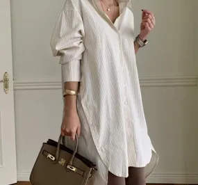 Vintage 90s Striped Long Sleeve Shirt | White Button Up Collar Striped Cotton Shirt | Women Cotton Blouse | Casual Full Sleeve Blouse Shirt