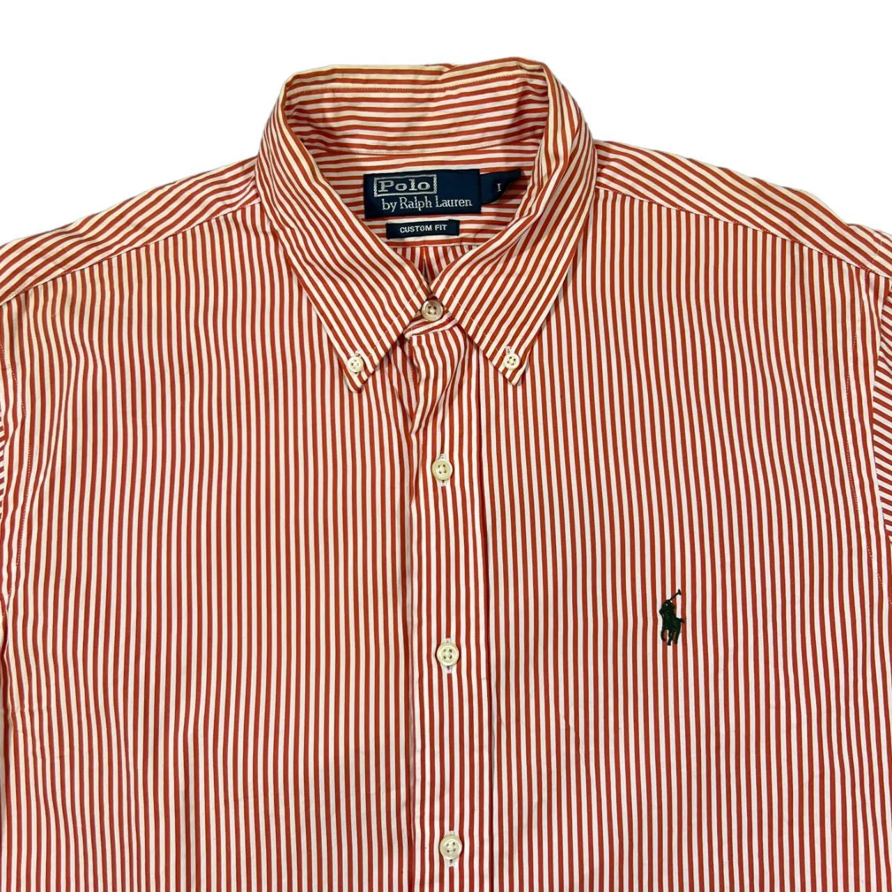 Vintage POLO RALPH LAUREN Orange White Striped Mini Logo Long Sleeve Button-Up Cotton Shirt