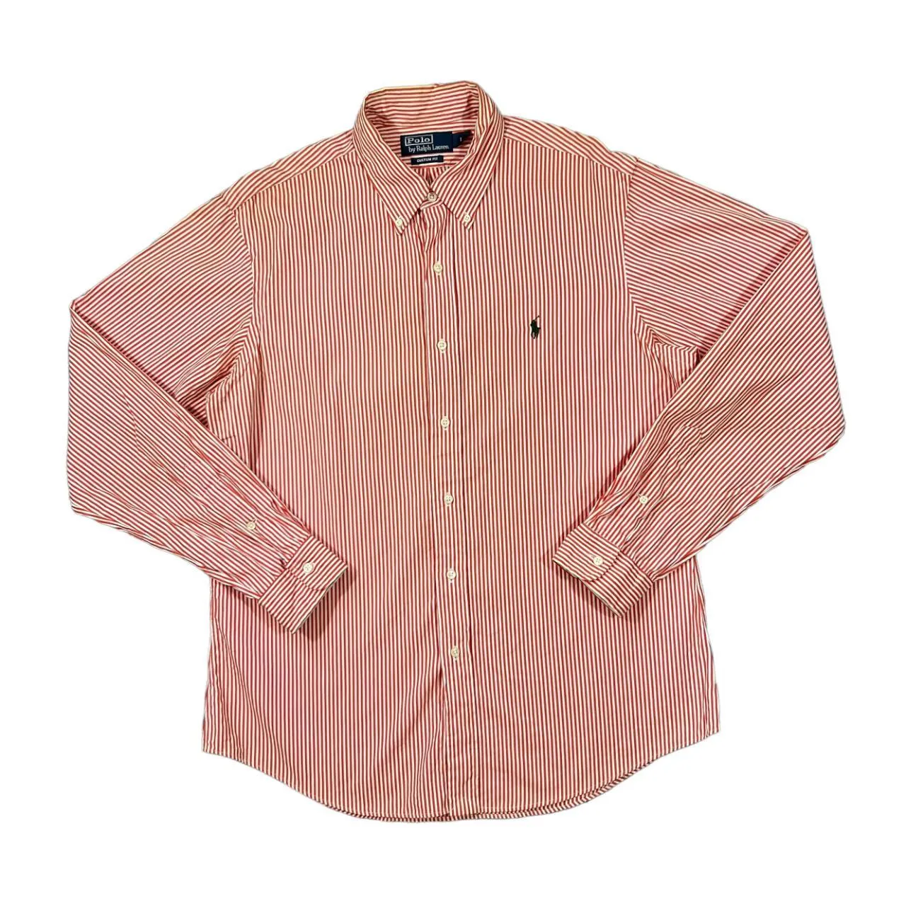 Vintage POLO RALPH LAUREN Orange White Striped Mini Logo Long Sleeve Button-Up Cotton Shirt