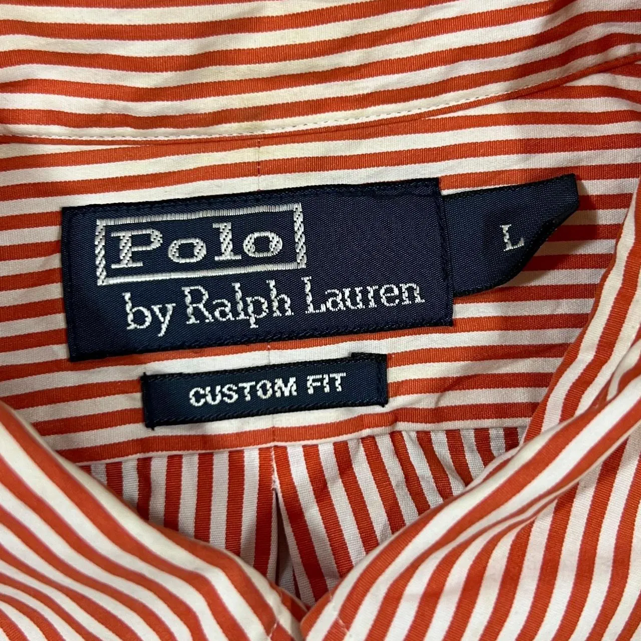Vintage POLO RALPH LAUREN Orange White Striped Mini Logo Long Sleeve Button-Up Cotton Shirt
