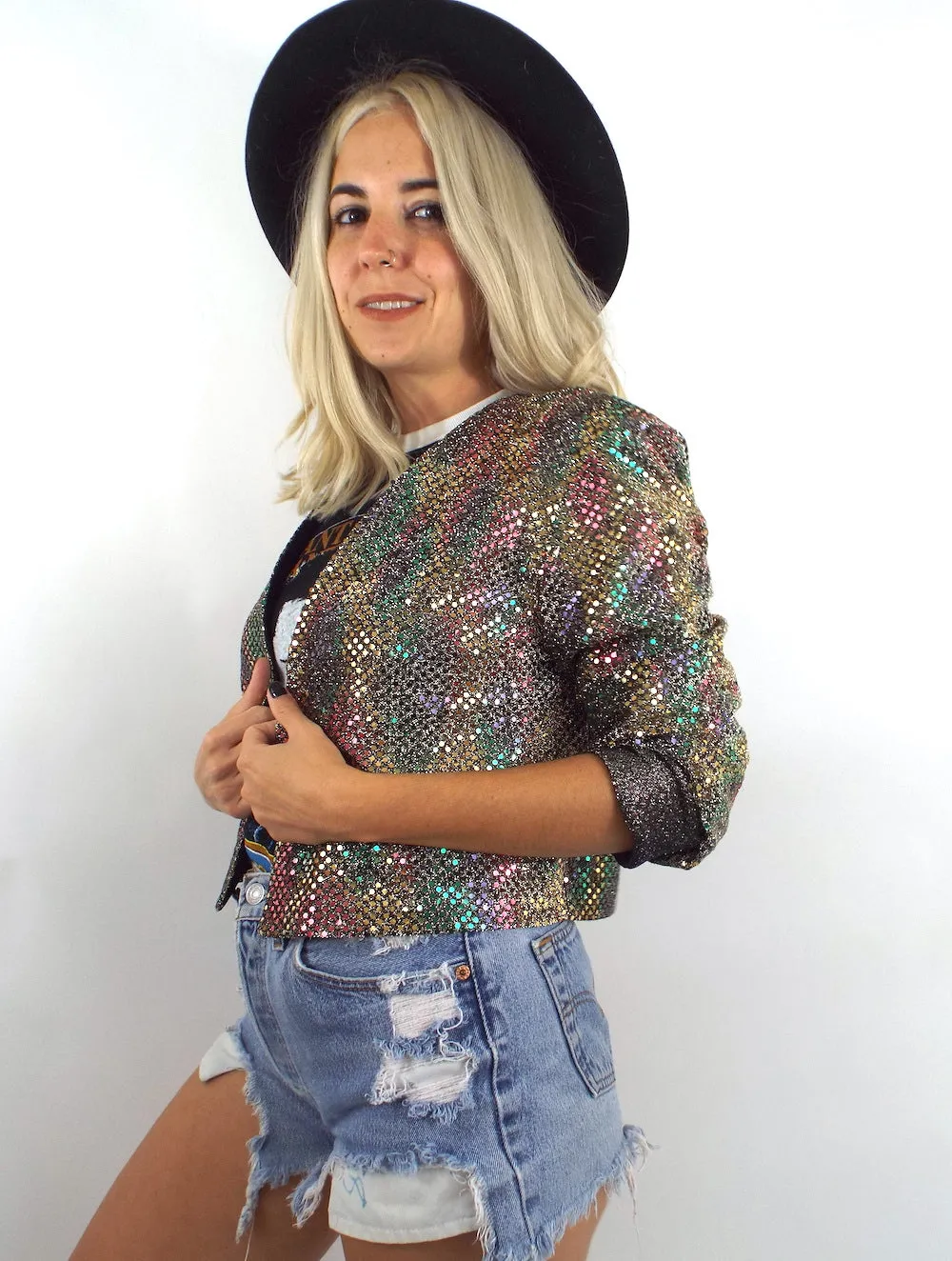 Vintage Rainbow Sequined Open Front Jacket