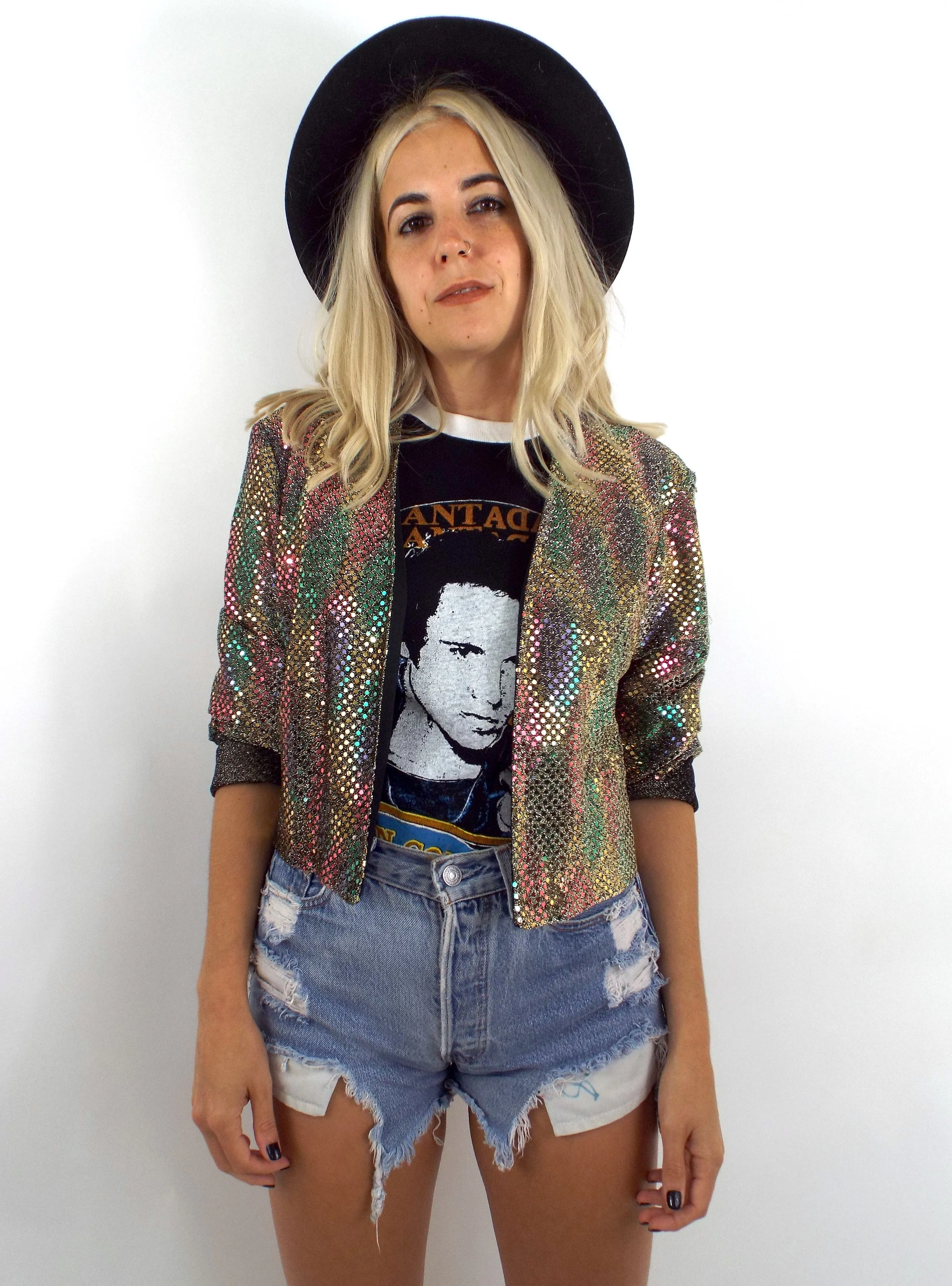 Vintage Rainbow Sequined Open Front Jacket